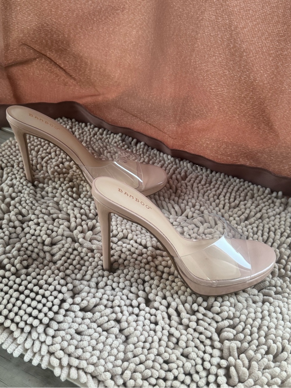 BAMBOO Clear Strap Slip On Heels in Soft Nude Size 10